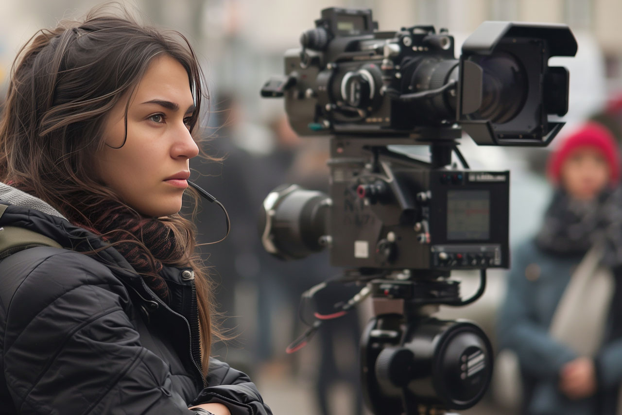 Focused female filmmaker operating a professional camera outdoors