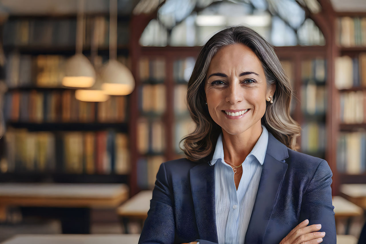 Portrait of a professional woman in a suit, smiling confidently while standing in a library filled with bookshelves and warm lighting.